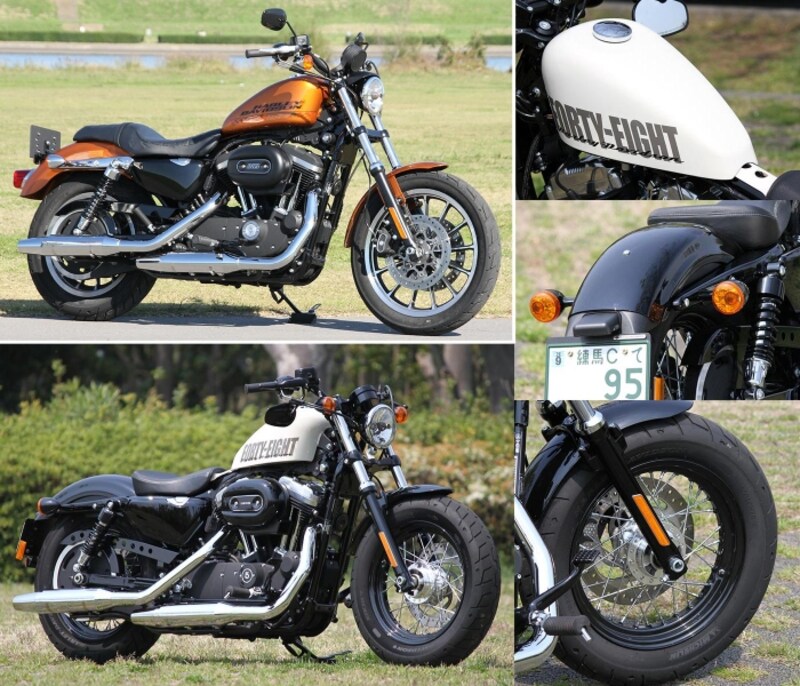 スポーツスターのなかでもオーソドックスなXL883Rと見比べると、ピーナッツタンクやテールランプ一体型ウインカー、16インチ径のホイール&ファットタイヤと、フォーティーエイトの個性が際立つ