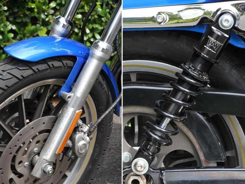 「ハーレーのサスは元々動きが悪いから」と言われるが、それはノーマル仕様。しっかりしたものに換えてやれば、気持ちよく走れるオートバイに変身する!