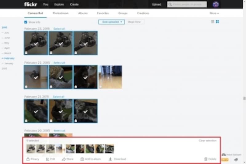 写真を選ぶと画面の下にメニューが表示されます。ここからFlickrの機能を選択しましょう