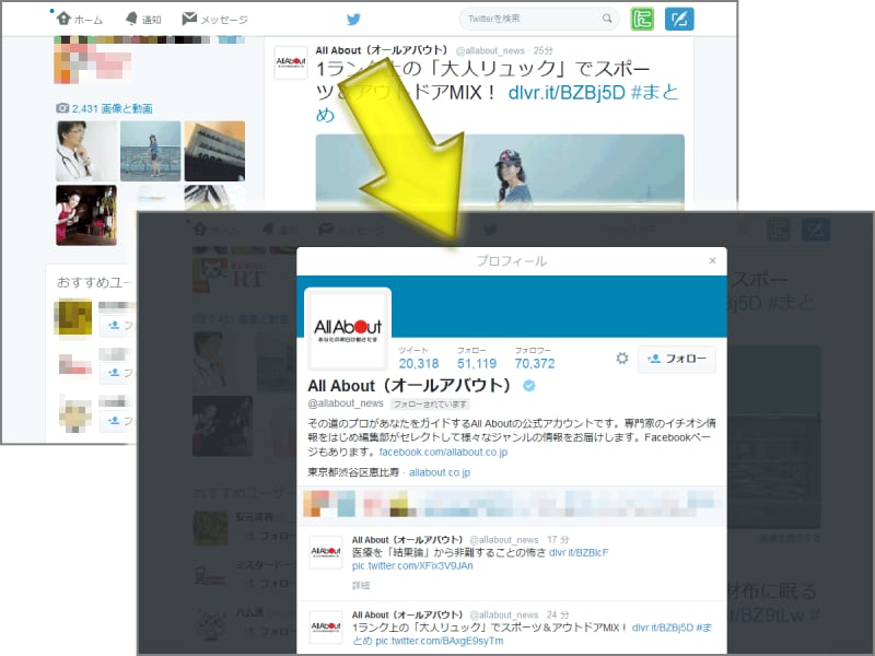 Twitterでユーザ名をクリックすると、オーバーレイ表示されるモーダルウインドウ内に、そのユーザのプロフィールページが表示される