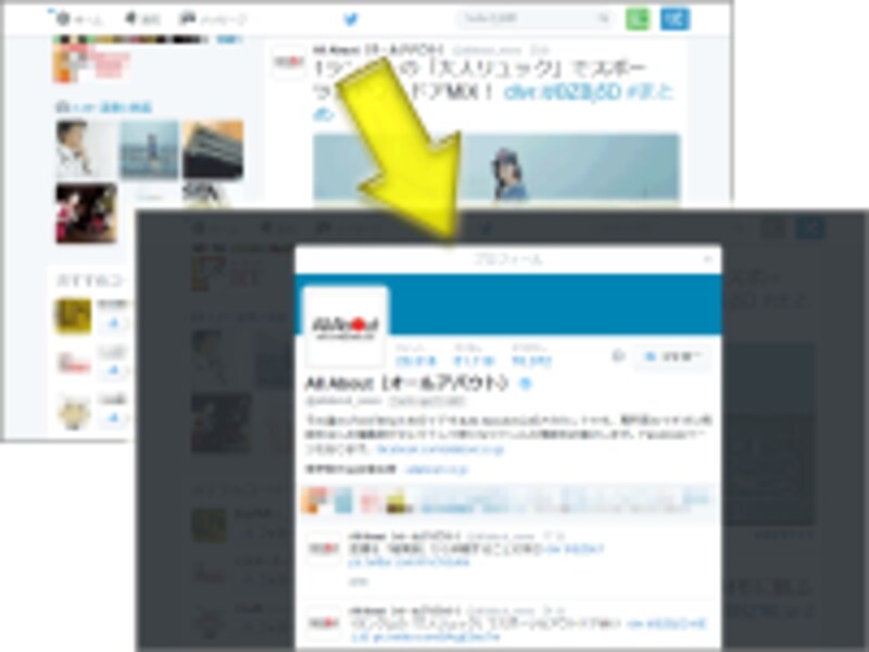 Twitterでユーザ名をクリックすると、オーバーレイ表示されるモーダルウインドウ内に、そのユーザのプロフィールページが表示される