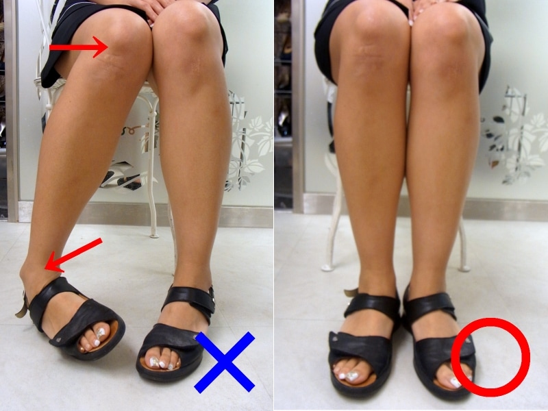 膝が内股気味で、足の重心を外側にかけるのは悪い座り方です。