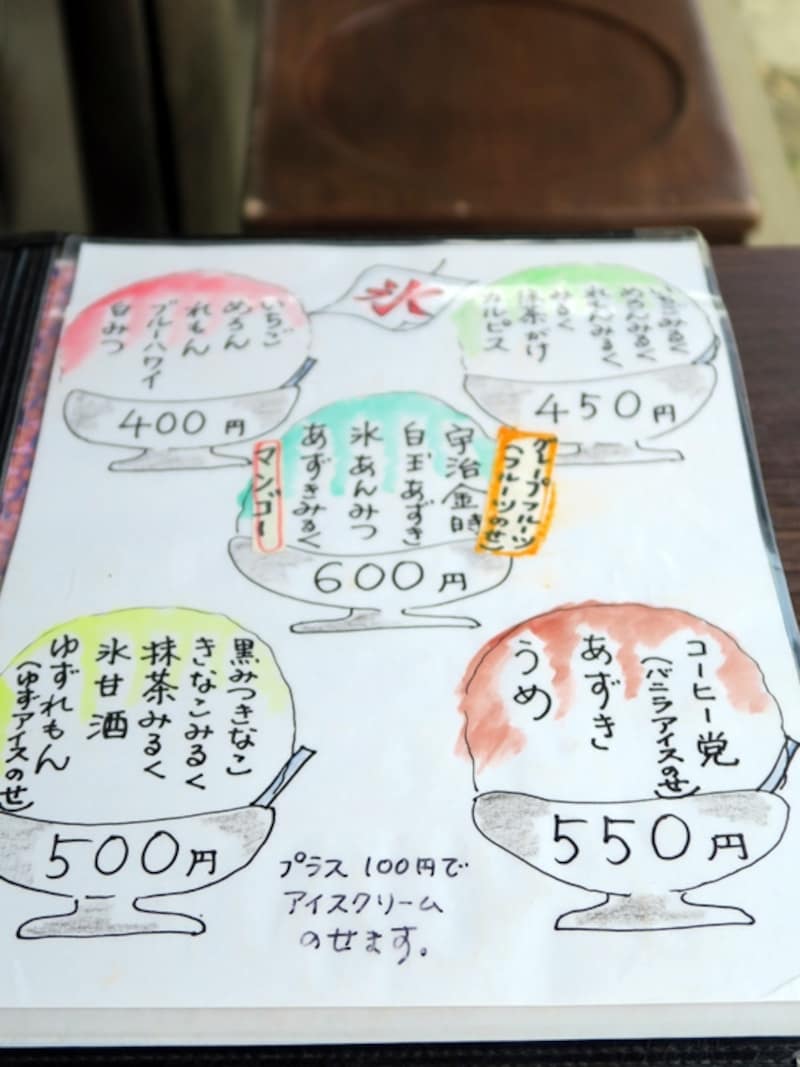 かき氷のメニューは20種類以上。どれにしようか悩みます(2015年7月29日撮影)