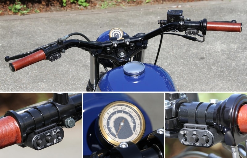 ストリート750の質感を高めるポイントのひとつがコックピット。クラシカルな雰囲気を損なわないまとめ方はさすが