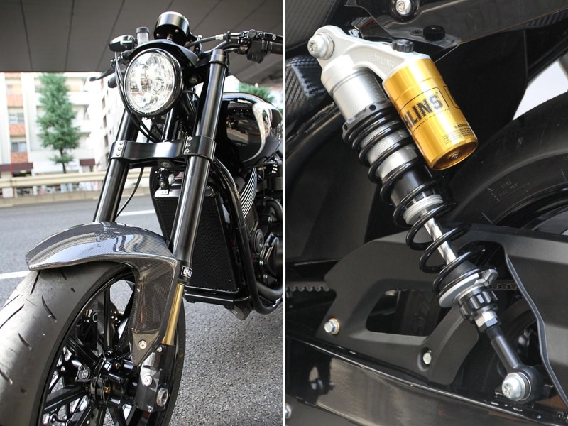 前後オーリンズの最新サスペンションを換装するなど、スポーツスターでもここまでカスタムしているモデルはまず見ないハイグレードな内容を取り入れている