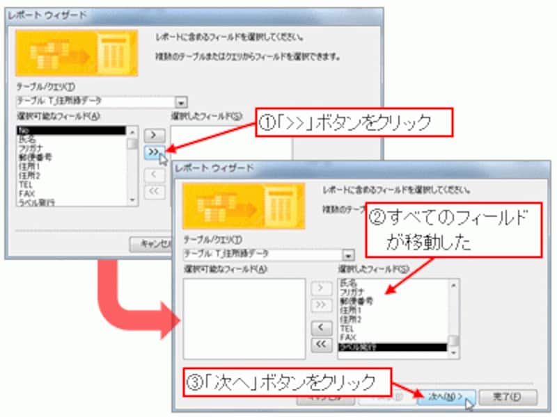 印刷するフィールドとして、全てのフィールドを指定