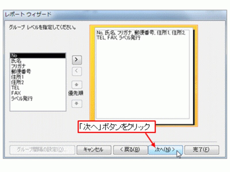 グループレベルは指定せずに「次へ」ボタンをクリック