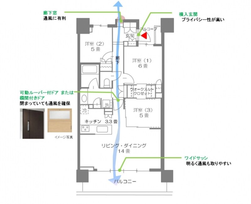 【図2】横入玄関と廊下にある小窓（間取りは図1と同じ）