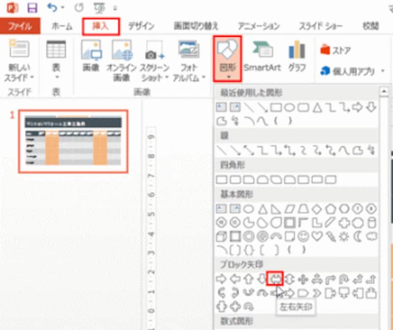 ガントチャートの作成手順 矢印の図形で工程期間を示す。