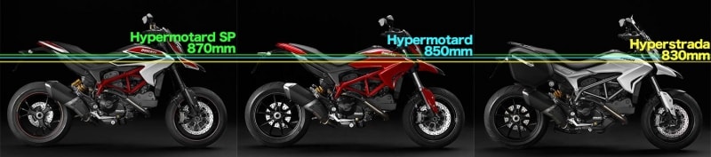 870mmのハイパーモタードSP、850mmのハイパーモタード、830mmのハイパーストラーダ。見比べれば違いは一目瞭然