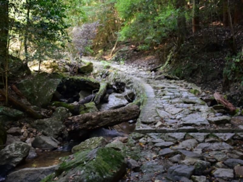 能登川沿いに整備された石畳の道「滝坂の道」。昭和のはじめ頃まで、柳生の里へ運ぶ荷物を背に積んだ牛馬が行き交ったという