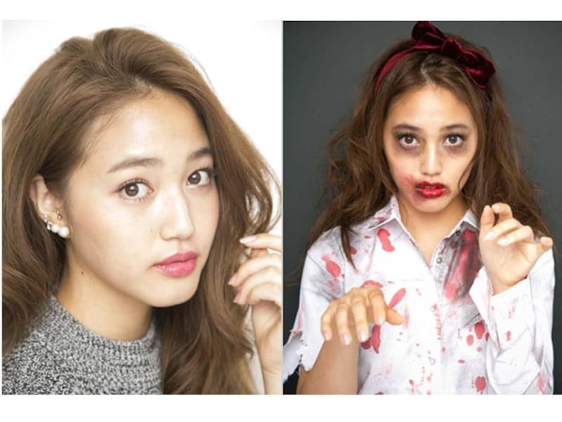 左:普段のメイクundefinedundefinedundefinedundefined右:かわいいゾンビメイク