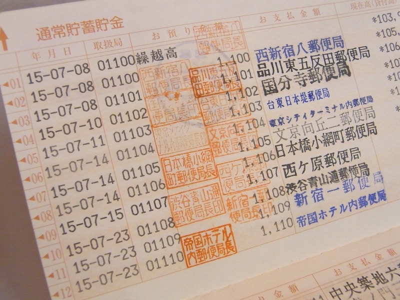 取扱局（店）の番号順に印字された郵便貯金通帳