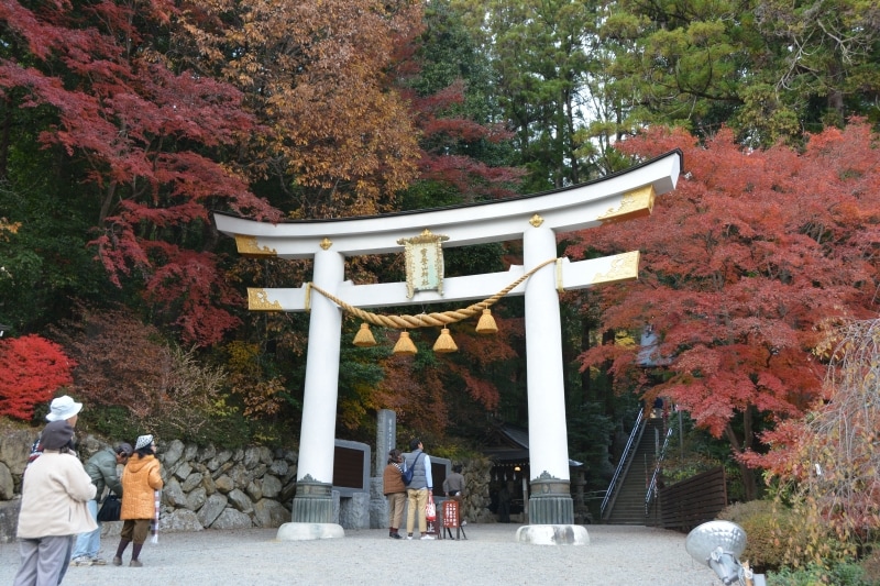 左右からモミジに挟まれた宝登山神社二の鳥居
