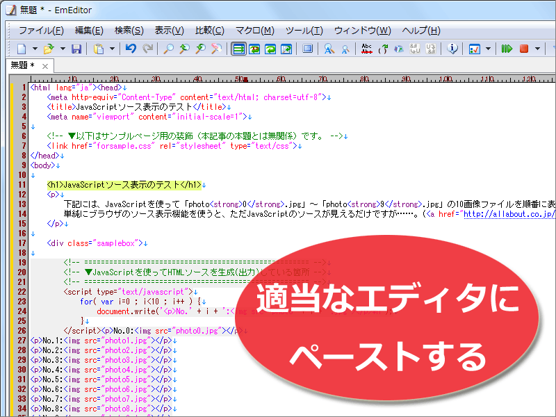 適当なエディタに貼り付け