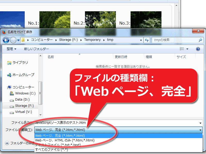 保存ダイアログで「Webページ完全」を選択