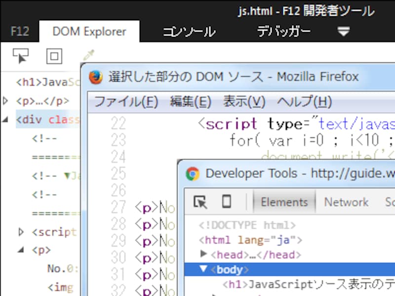 ブラウザ内蔵のデベロッパーツールなどを使えばJavaScriptが出力した文字列やHTMLの要素なども見える