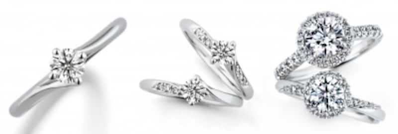 写真:左からソリティア、メレ、パヴェのデザイン例。左/Diamond lily(ダイヤモンド リリー)、中/Diamond lily(ダイヤモンド リリー)メレ、右/Bouquet(ブーケ)/すべてGINZA DIAMOND SHIRAISHI
