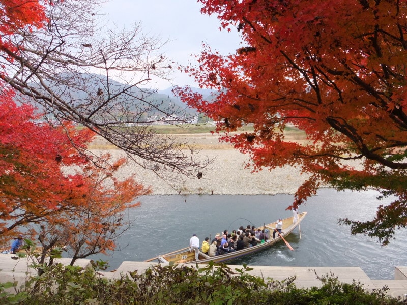保津川の紅葉と保津川下りの舟(2)