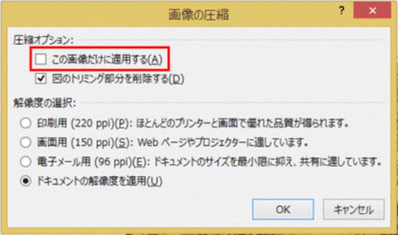 ファイルサイズを小さくするには、「この画像だけに適用する」のチェックをオフにする。