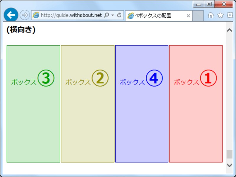 flexbox例5：全ボックスの配置を個別に指定(横並び)