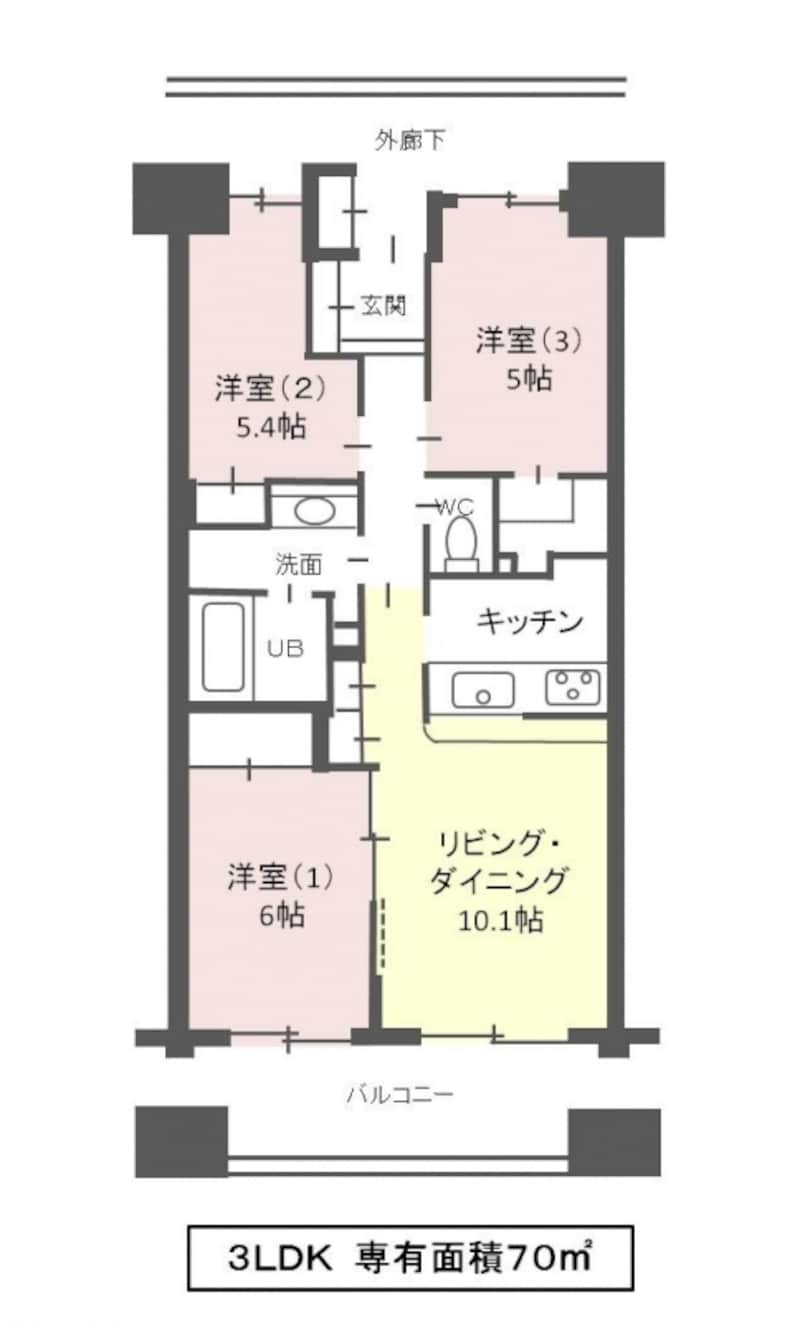 【図1】専有面積70ｍ2、3LDKの間取り例