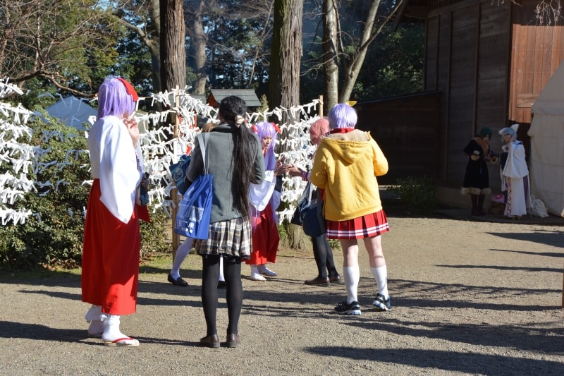 初詣のおみくじを結ぶコスプレコスプレイヤー
