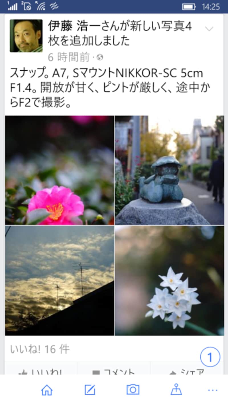 アプリ「Facebook」の表示例