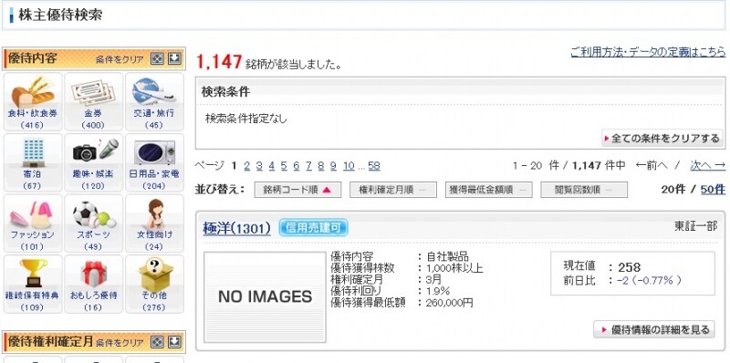 SBI証券　株主優待検索