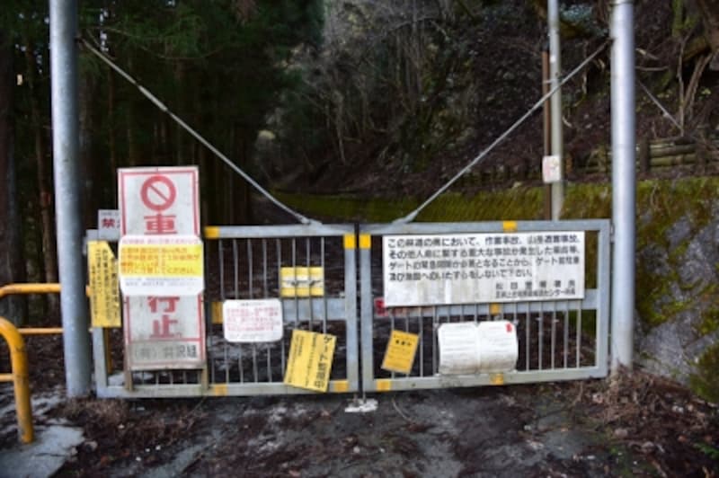 山に行くと、イノシシや鹿対策のゲートをよく見かけますが、このゲートはかなり頑丈そう。ゲートの脇を抜けて奥へ進みます