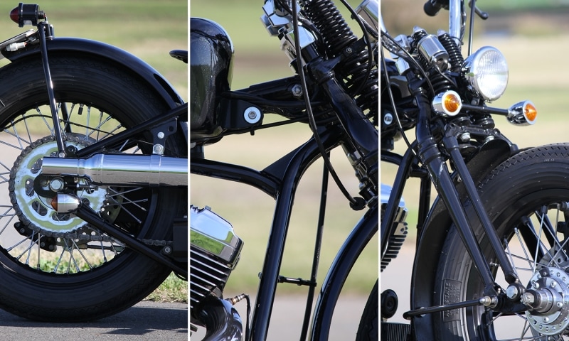グースネックフレームにスプリンガーフォーク、そして極太タイヤを前後に履かせたゼロスタイル