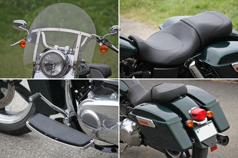 工具なしで脱着可能なウインドスクリーンとサドルケース、ロングライドを快適にするダブルシートにフットボードと、ハーレーで旅を楽しみたい人には嬉しい充実の装備