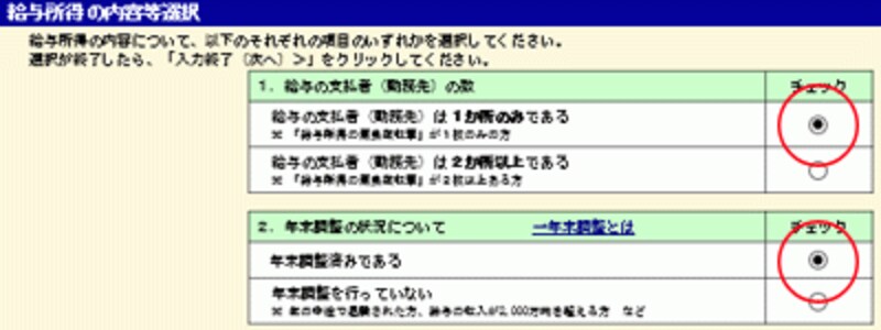給与所得の内容等選択