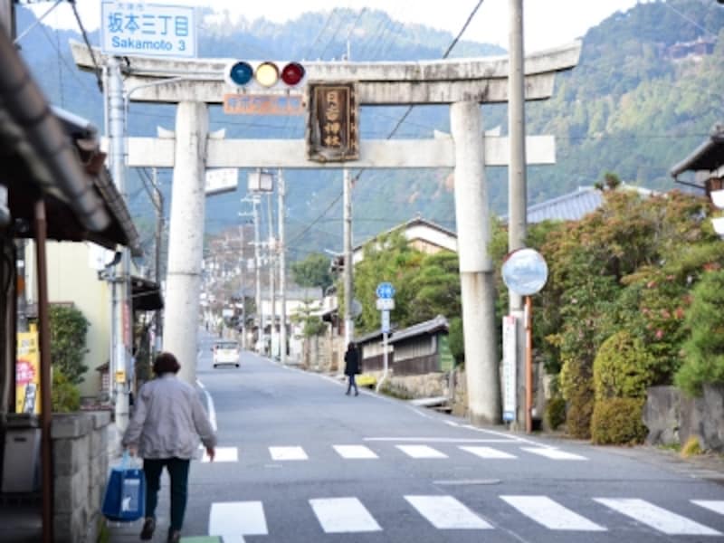 日吉大社の鳥居。道の途中には「坂本観光案内所」があり、パンフレットや地図なども入手できます。