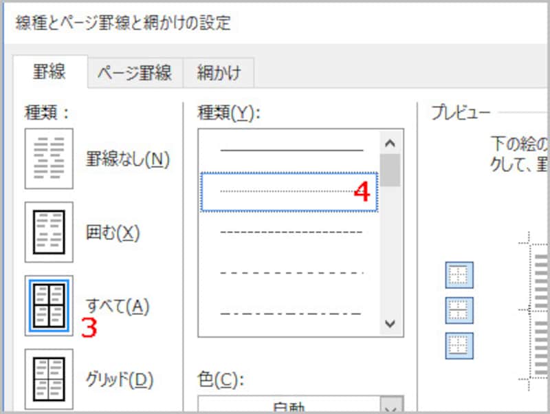 3.［線種とページ罫線と網かけの設定］ダイアログボックスが表示されたら、［種類］で［すべて］を選択します。 4.［種類］で点線を選択します