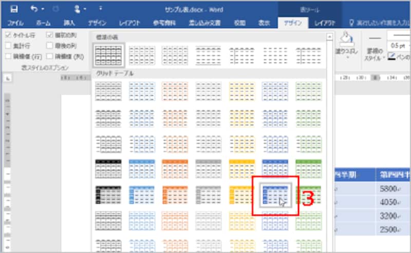 3.表のスタイルが一覧表示されるので、設定したいスタイルを選択します。ここでは、先頭行と先頭列を青で塗りつぶしたスタイルを選択します。なお、スタイル一覧の上でマウスカーソルを動かすと、文書中の表のスタイルがリアルタイムに変化します