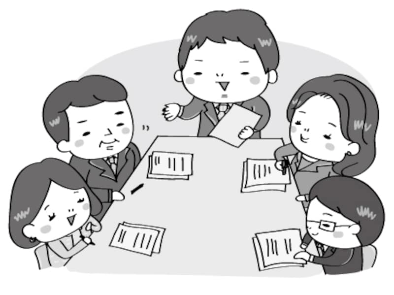 【モノクロ】会議の様子のイラストです。