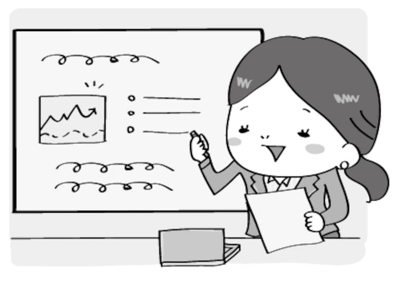 【モノクロ】プレゼンの様子のイラストです。