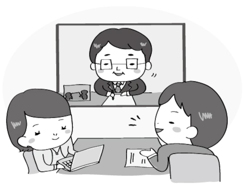 【モノクロ】テレビ会議の様子のイラストです。