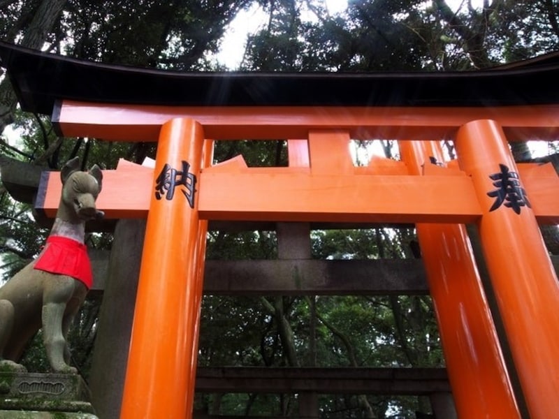 お稲荷さんにはキツネがつきもの。よく見てみると、口に米蔵の鍵や鎌などを咥えている