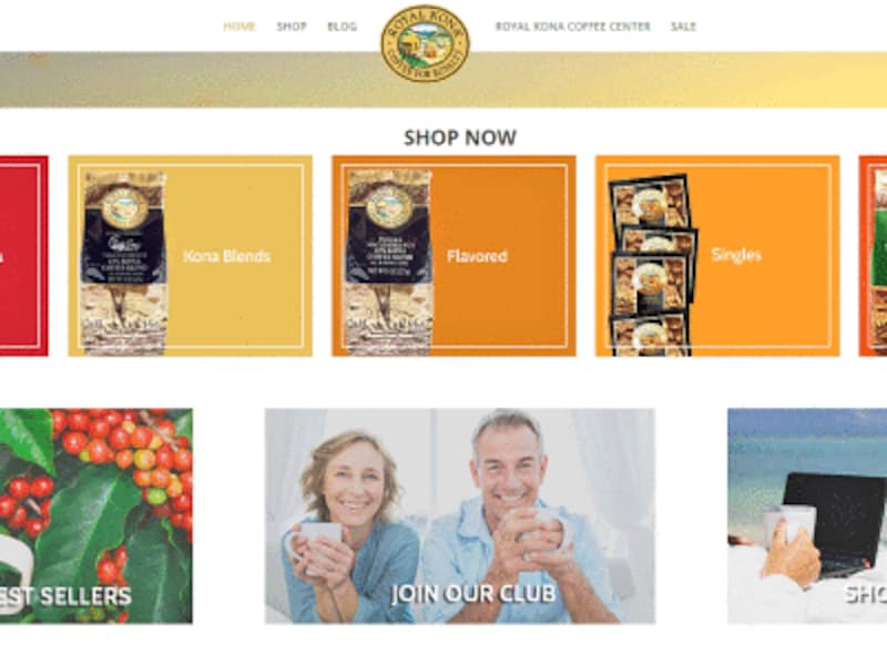 ロイヤル・コナ・コーヒーのウェブサイト。100％コナコーヒーは、ハワイのホテルやレストランでも提供されている