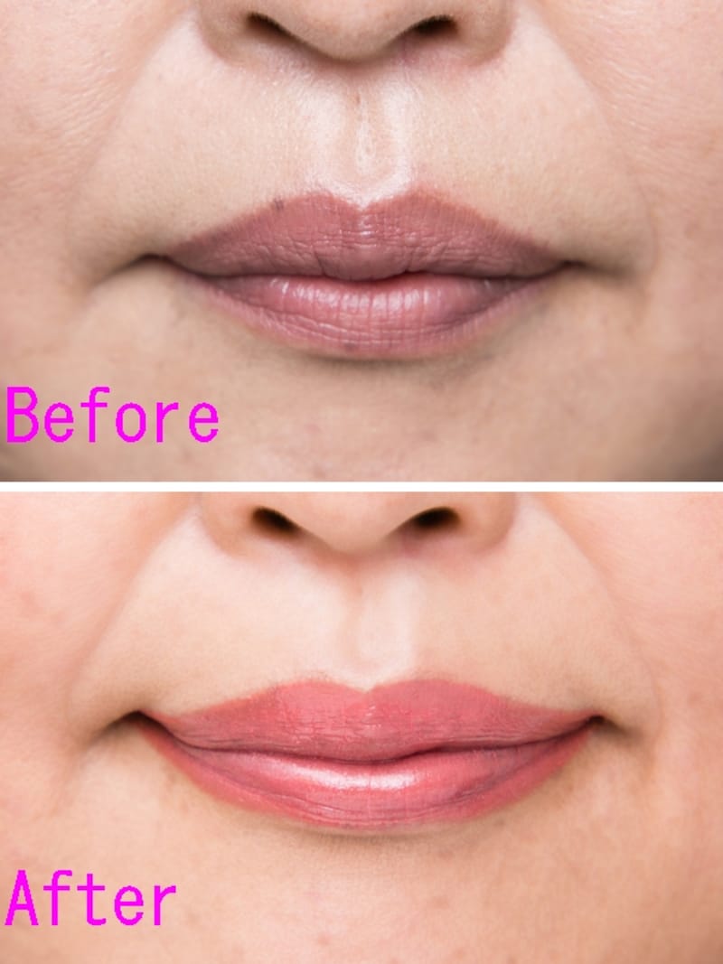 (上)NG暗めリップで不幸顔(下)OK口角を上げて軽やかに