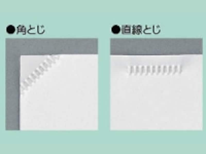 すっきりとしたとじ部。穴を開けずに5枚の紙をとじられます