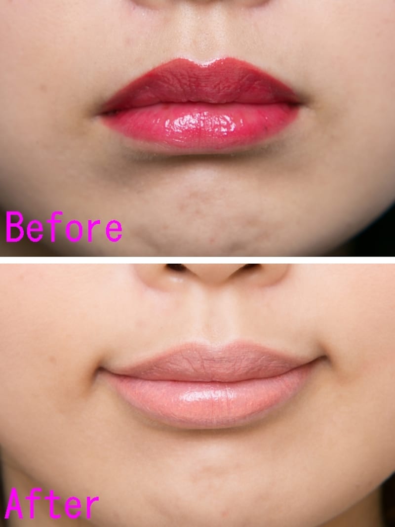 (上)NG赤すぎリップ(下)OKオレンジ爽やかリップ
