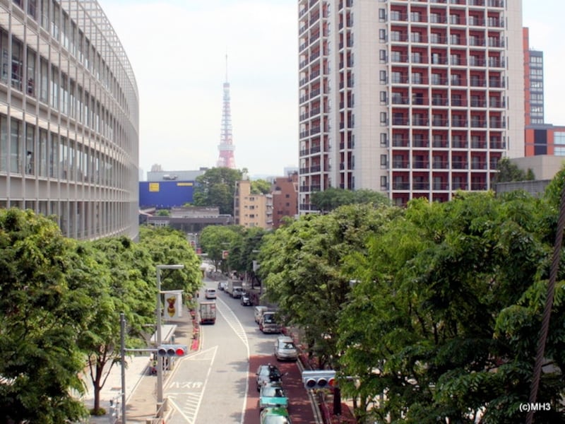 けやき坂にかかる歩行者デッキからD棟（右）越しに東京タワーを望む