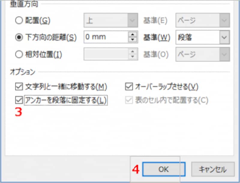 ［アンカーを段落に固定する］をチェック
