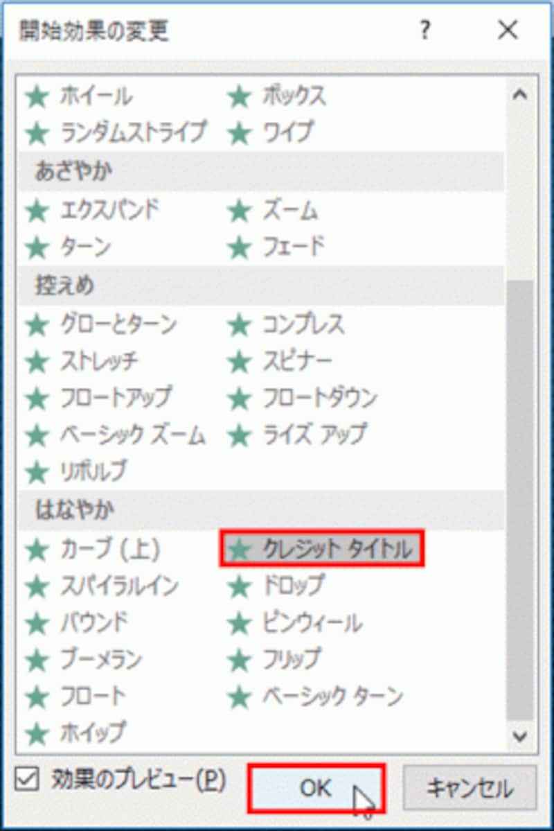 「効果のプレビュー」のチェックがオンになっていると、選択したアニメーションがスライド上で再生される。