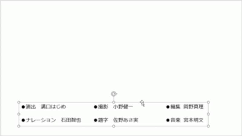 ここでは、画面の下側で文字が流れるように、スライドの下部に文字を入力した。