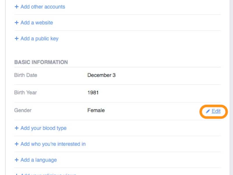 ［Contact and Basic Info］をクリックし、Genderにカーソルをのせて［Edit］をクリック