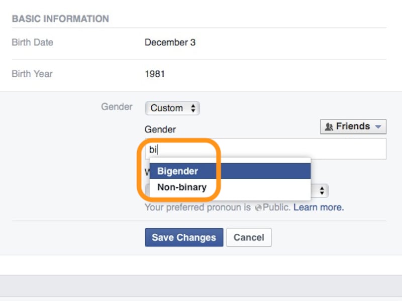 例えば「bi」と入力するとBigender(性自認が両性)と、Non-binary(男女の二分類に当てはまらない)が候補に表示される